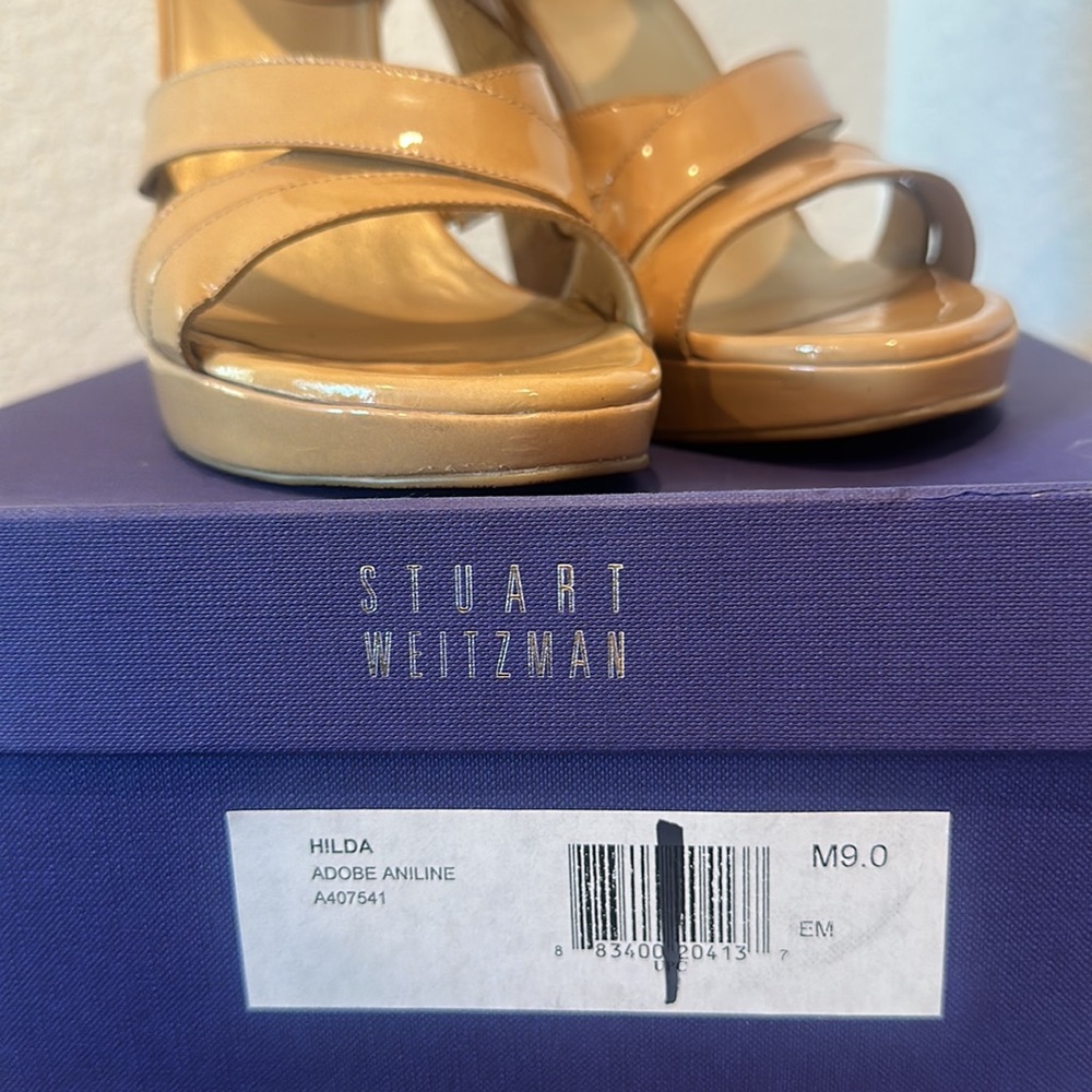 STUART WEITZMAN HILDA Sandal Metallic Cork Wedge Adobe Aniline Patent Size 9M - Picture 16 of 17